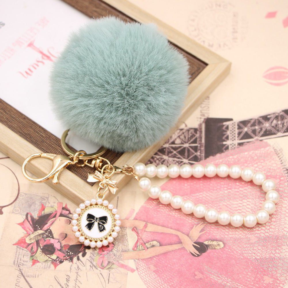 Wholesale Imitation Rex Rabbit Fur Ball Pearl Chain Bow Plush Ball Keychain